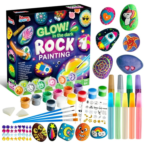 12 Rock Painting Kit, 43 Pcs Arts and Crafts for Kids Ages 5-7, Art Supplies with 18 Paints (Glow in The Dark & Metallic & Standard), Craft Paint Kits for Boys and Girls Ages 8-11