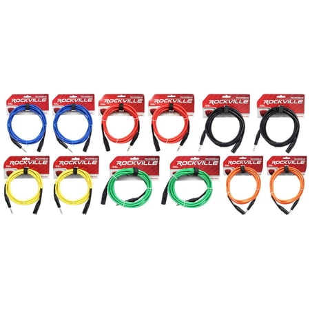12 Rockville 10' Male REAN XLR to 1/4'' TRS Cable (6 Colors x 2 of Each)