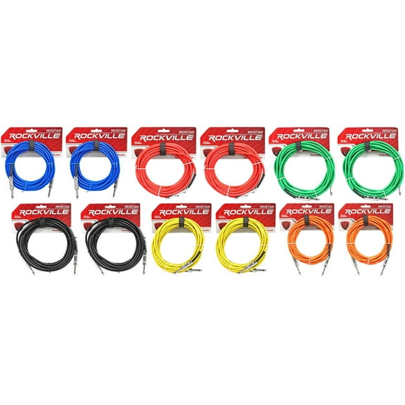 12 Rockville 20' 1/4" TS-1/4'' TS Guitar/Instrument Cable (6 Colors x 2 of each)