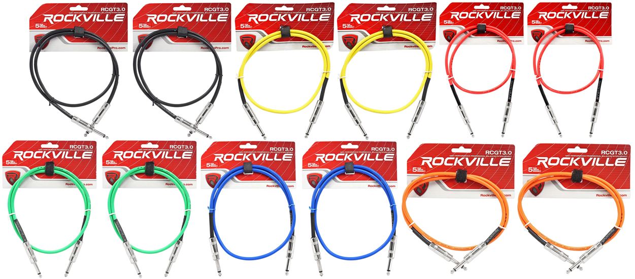 12 Rockville 3'  1/4" TS -1/4'' TS Guitar/Instrument Cable (6 Colorsx2 of each)