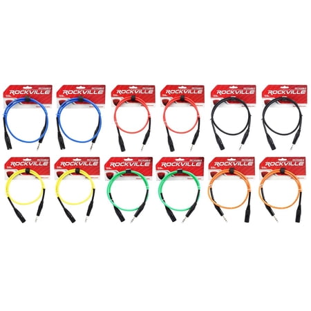 12 Rockville 3' Male REAN XLR to 1/4'' TRS Cable (6 Colors x 2 of Each)