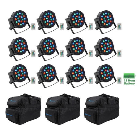 12) Rockville BATTERY PAR 50 Rechargeable LED DMX DJ Wash Up-Lights+Remotes+Bags
