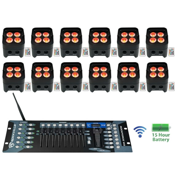 (12) Rockville BEST PAR 50 Battery Up Lights Wireless DMX+Controller+RGBWA+UV