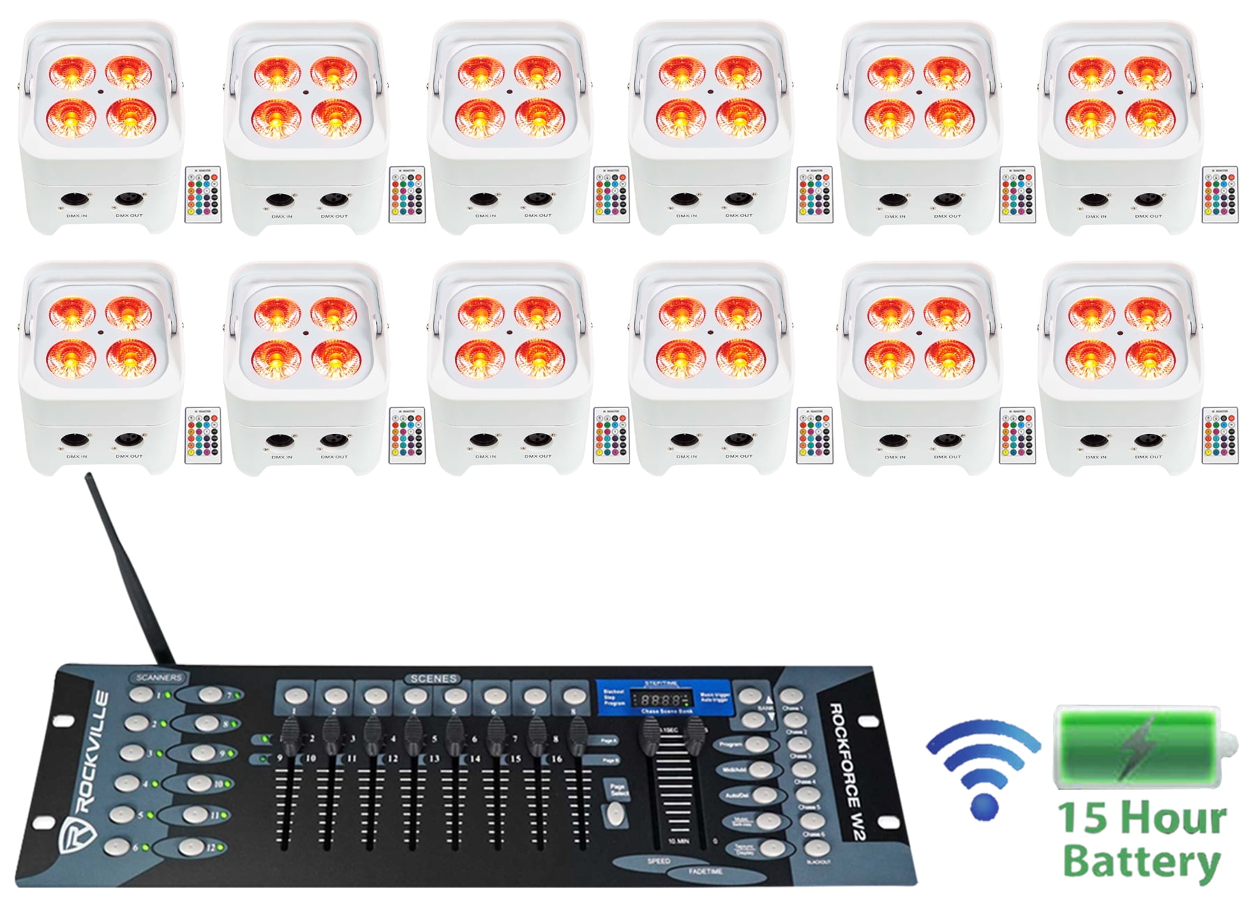 (12) Rockville BEST PAR 50 Battery Wash Lights Wireless DMX+Controller