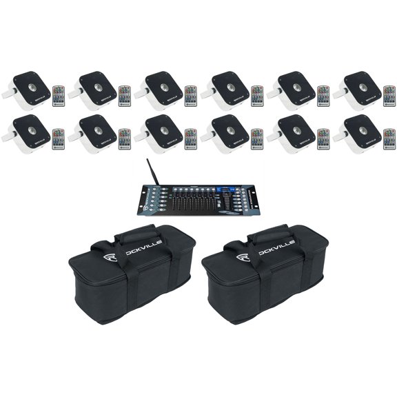 12) Rockville Mini RF1 V2 RGBWA+UV DMX DJ/Party Wash Lights+DMX Controller+Bag