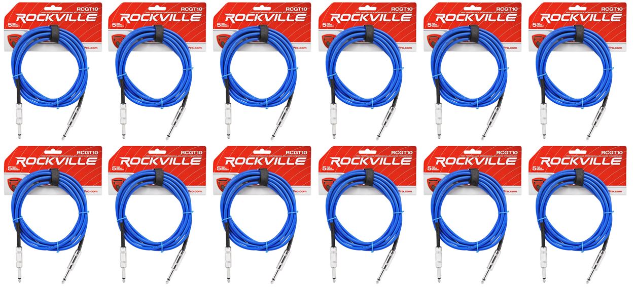 12 Rockville RCGT10BL 10'  1/4" TS to 1/4'' TS Guitar/Instrument Cable