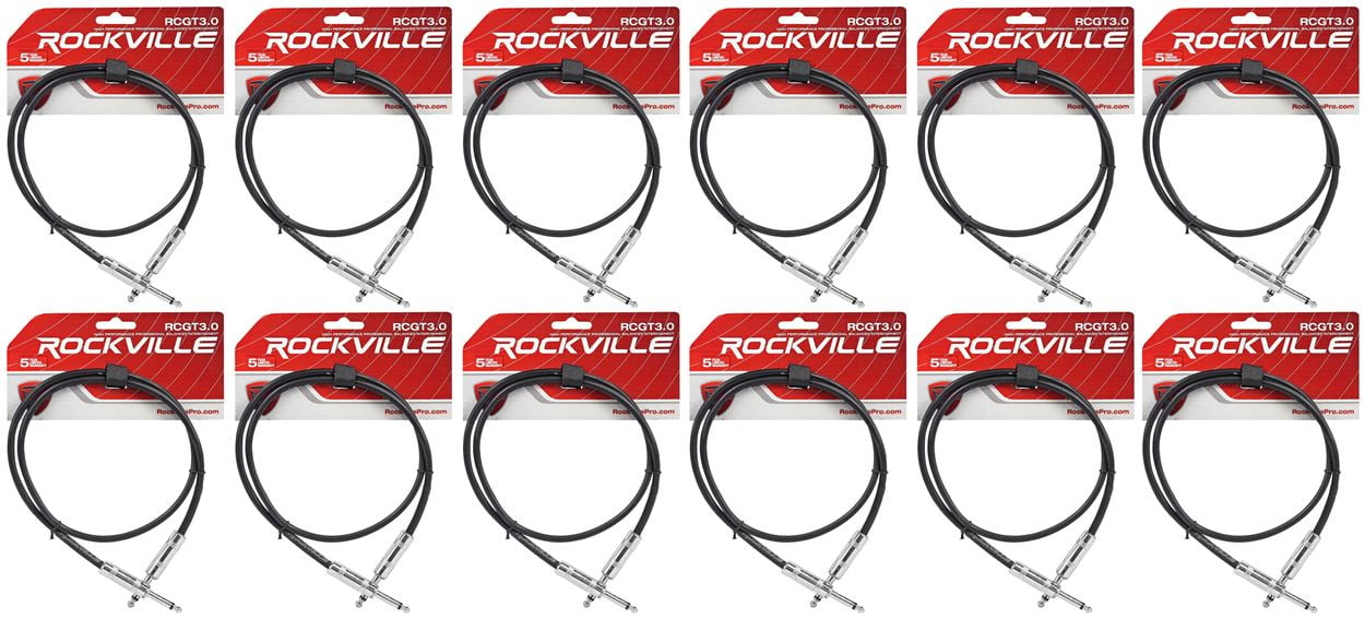 12 Rockville RCGT3.0B 3' 1/4" TS to 1/4'' TS Guitar Pedal Board/Instrument Cable