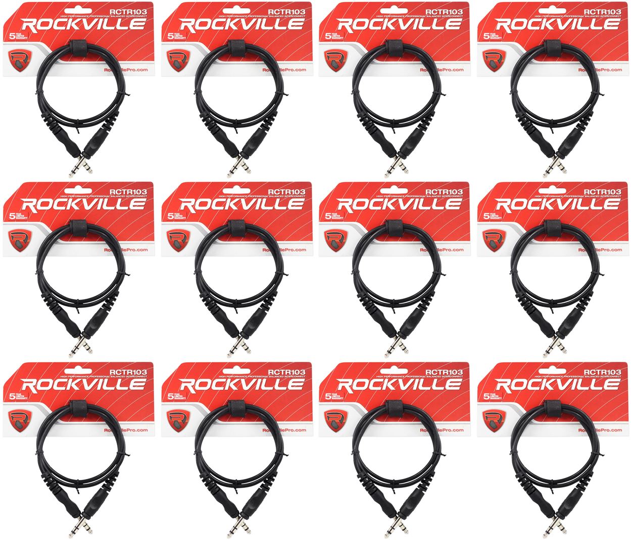 12 Rockville RCTR103B Black 3' 1/4'' TRS to 1/4'' TRS Cable 100% Copper