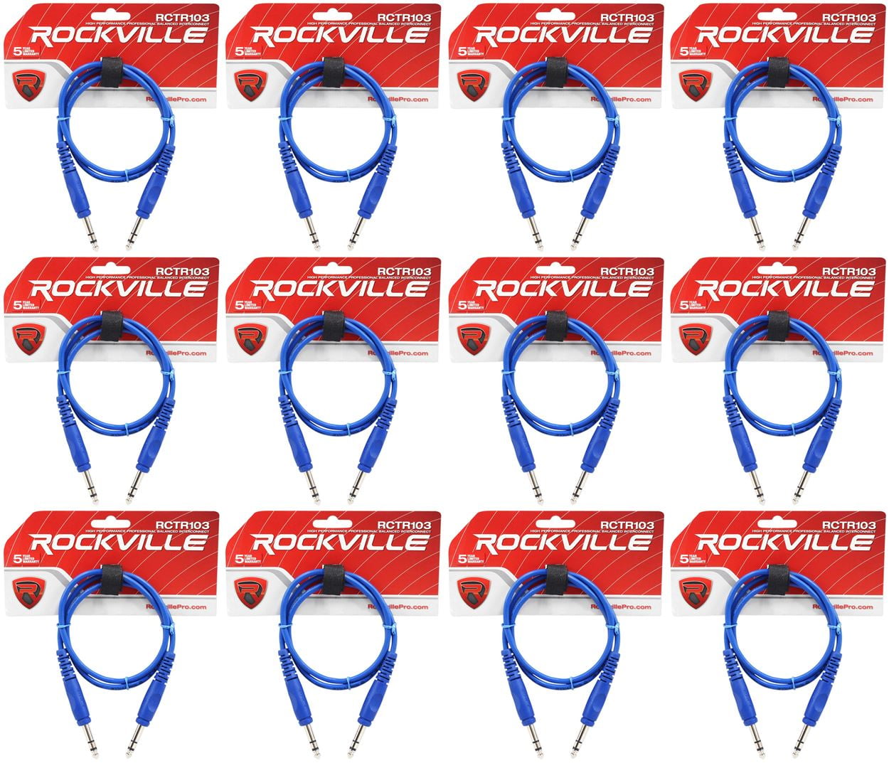 12 Rockville RCTR103BL Blue 3' 1/4'' TRS to 1/4'' TRS Cable 100% Copper