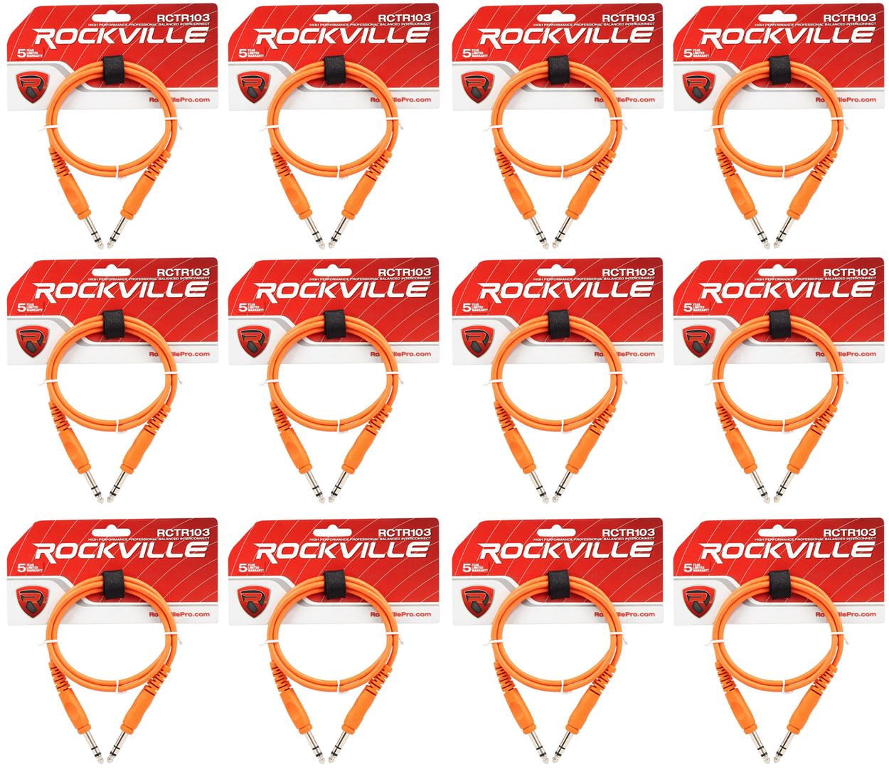 12 Rockville RCTR103O Orange 3' 1/4'' TRS to 1/4'' TRS Cable 100% Copper