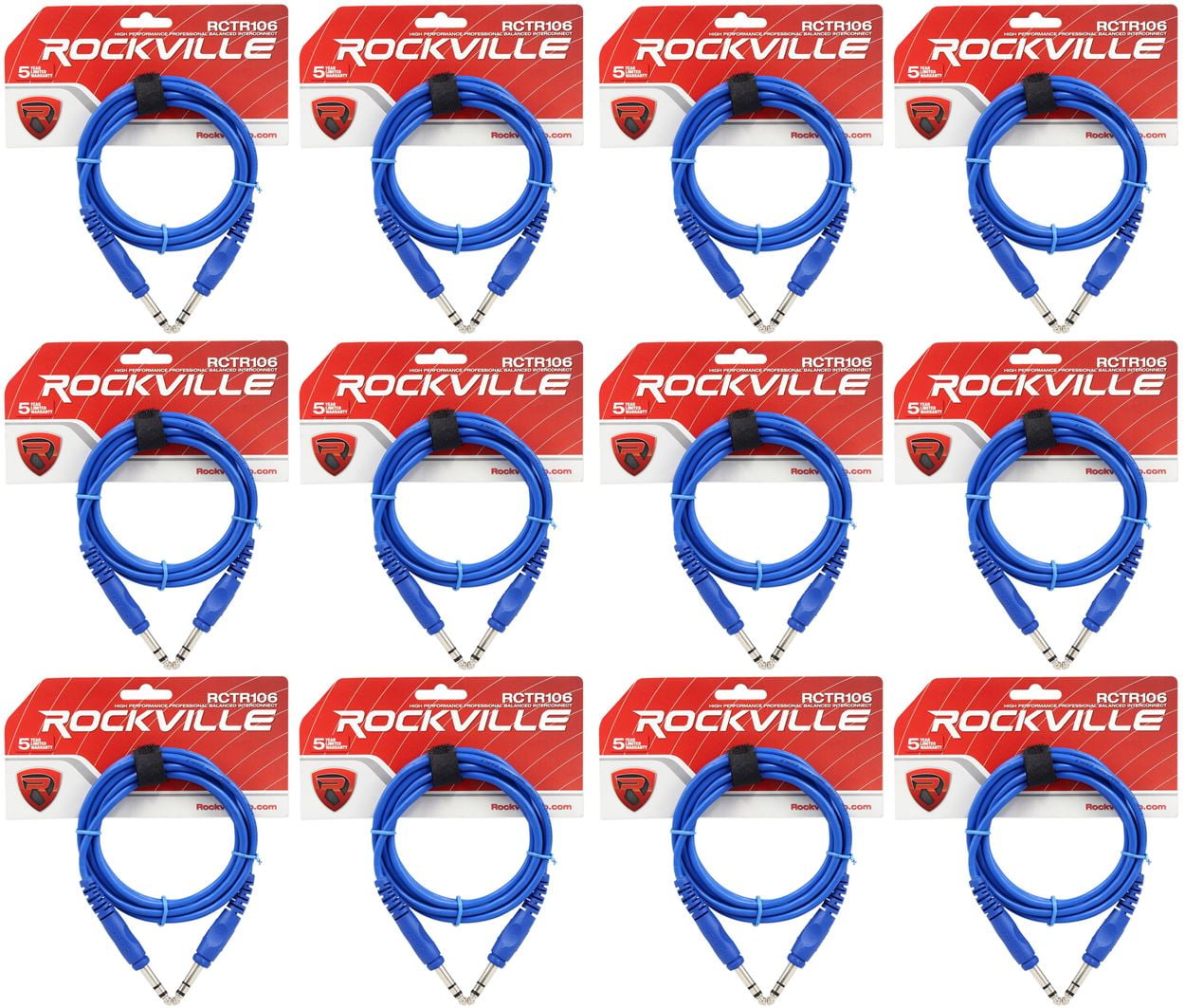 12 Rockville RCTR106BL Blue 6' 1/4'' TRS to 1/4'' TRS  Cable 100% Copper