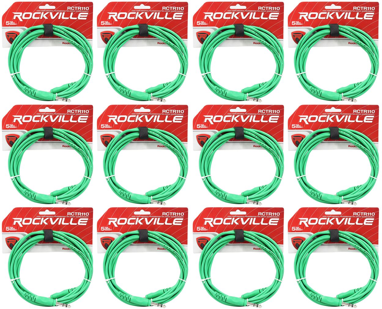 12 Rockville RCTR110G Green 10' 1/4'' TRS to 1/4'' TRS  Cable 100% Copper