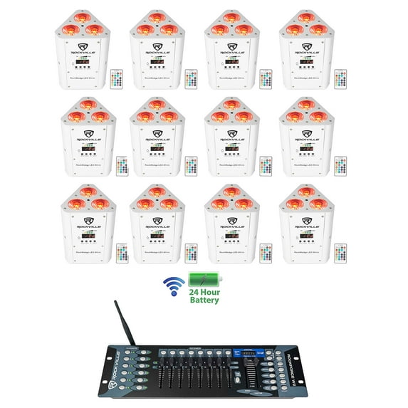 12) Rockville RockWedge LED White Battery Powered Lights+Wireless DMX Controller