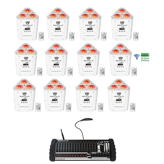 12) Rockville RockWedge White LED Battery Lights+384 Ch. Wireless DMX Controller