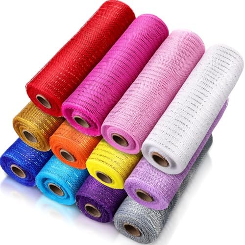 12 Rolls 10 Inch Deco Mesh Rolls Ribbon for Wreath Making 30 Feet Poly Metallic Foil Deco Mesh Ribbons for Home Door Summer DIY Christmas Easter Crafts Wreaths Decorating(Modern Color,10 Inch)