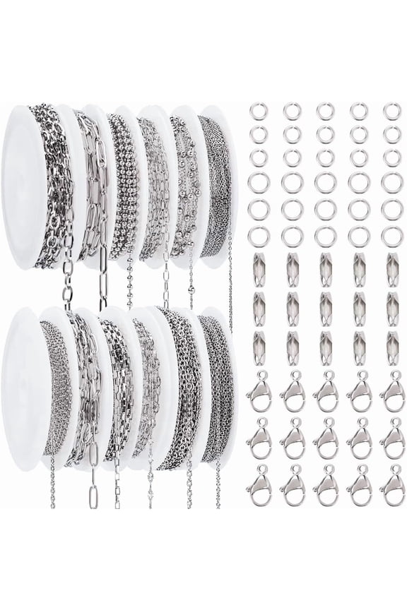 12 Rolls 32M/105 Feets Cable Chain Roll Silver Paper Clip Chain Bulk Stainless Steel Jewelry Making Necklace Bracelet DIY Craft Silver