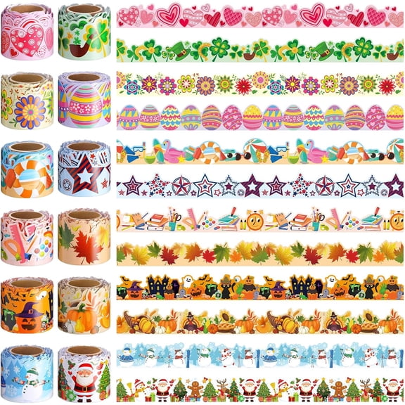 12 Rolls 394 Ft Bulletin Board Borders with 300 Double-Sided Tape Dots, All-Season Classroom Decor for Back to School, Halloween, Thanksgiving, Christmas