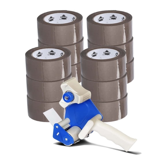 Shield Tape 12 Rolls 1.88 Inch x 110 Yards Brown Packing Tapes 1.75 Mil Thick + Free 2 Inch Gun Dispenser