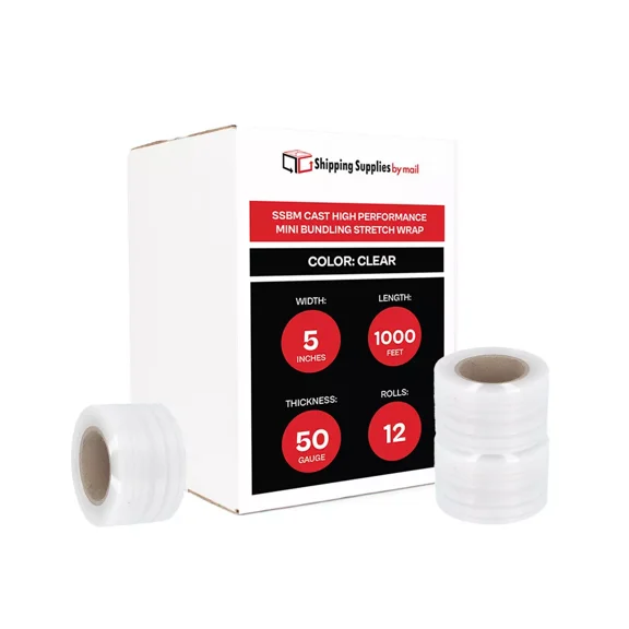 SSBM Mini Stretch Wrap with Handle Dispenser 5" x 1000' 12 Rolls 50 Gauge Clear Plastic Shrink Film for Shipping