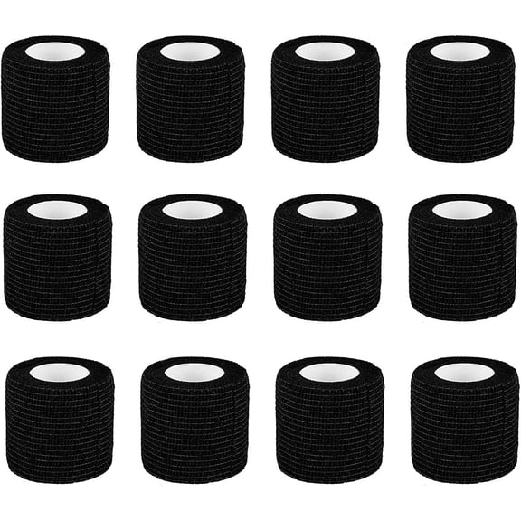12 Rolls Black Self Adherent Bandage Wrap - 2" x 5 Yards - Breathable & Elastic - Ideal for Sports, Wrist, Ankle, Tattoos - Vet Tape - Adhesive Bandage for Long-lasting Support