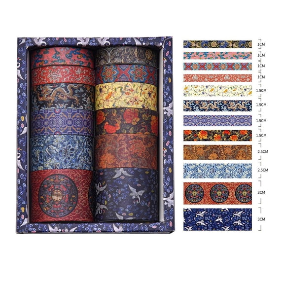 12 Rolls Chinese Style Floral Paper Decorative Paper Tapes Set Adhesive Tapes for DIY Scrapbooking Supplie Gift Decoration Mixed Color 10~30x0.2mm