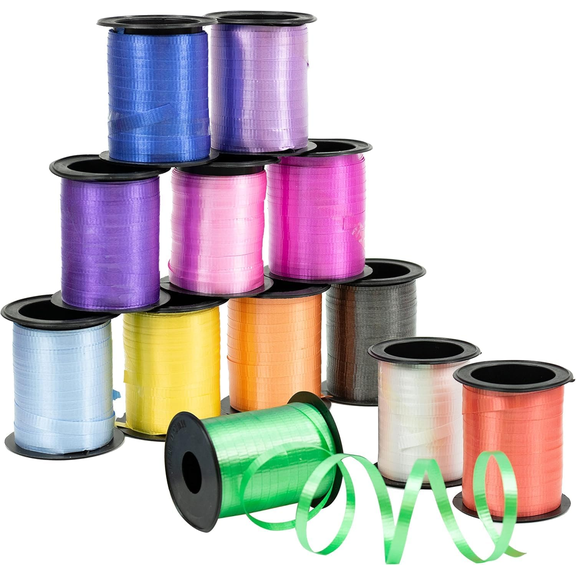 12 Rolls Crimped Curling Ribbon Balloon Strings, Assorted Vivid Colors, 3/16" X