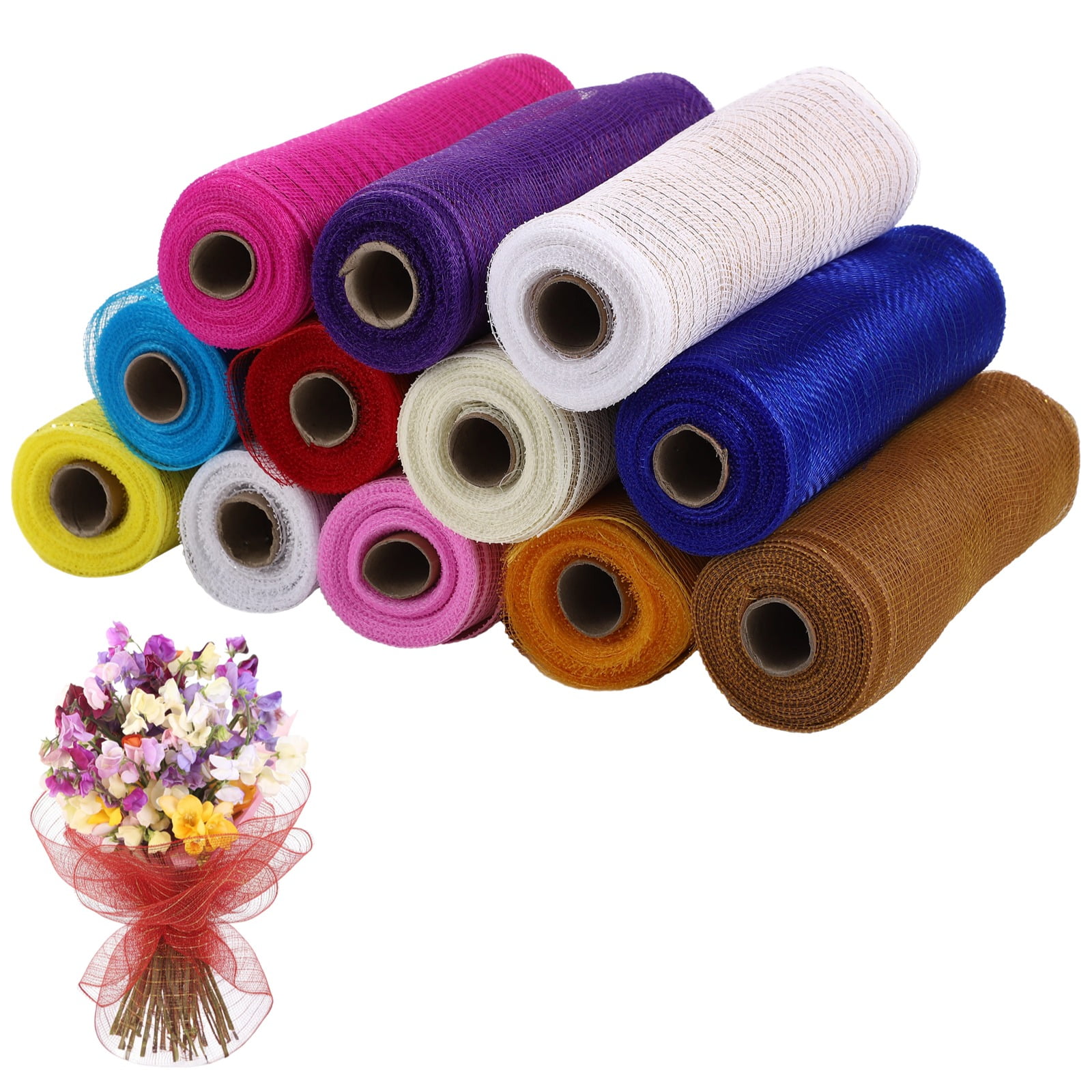12 Rolls Deco Mesh Ribbons, 29.5 ft x 10.2 in Metallic Foil Poly Mesh, Assorted Colors, Flexible Wrap Netting for Wreath Making Crafts, Party Decorations