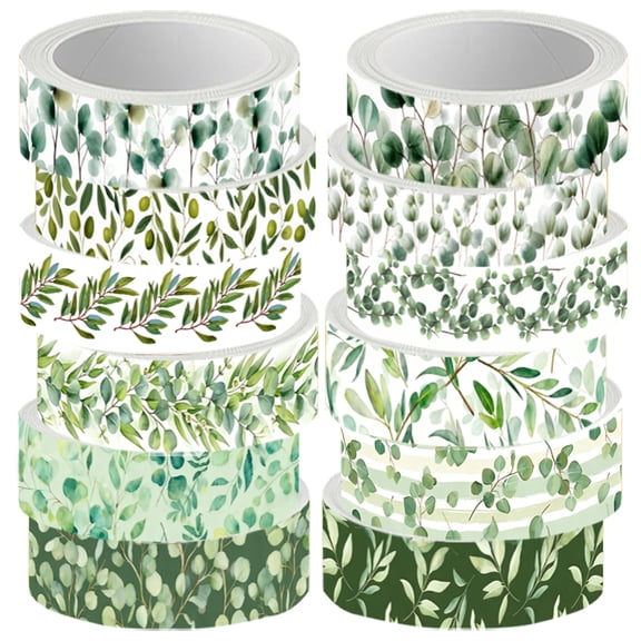 12 Rolls Decorative Leaf Tape Greenery Washi Tape 0.6 Inch Green Tropical Plants Pattern Decorative Adhesive Craft Rolls