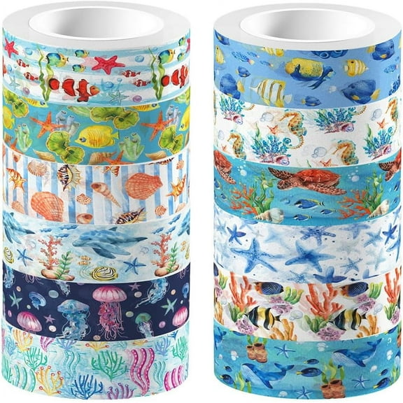 12 Rolls Decorative Masking Tape Sea Animal Tapes Ocean Creature Turtle Starfish Coral Fish Jellyfish Underwater World Marine Life Tapes for Journaling Scrapbooking Gift Wrapping Art Crafts Blue