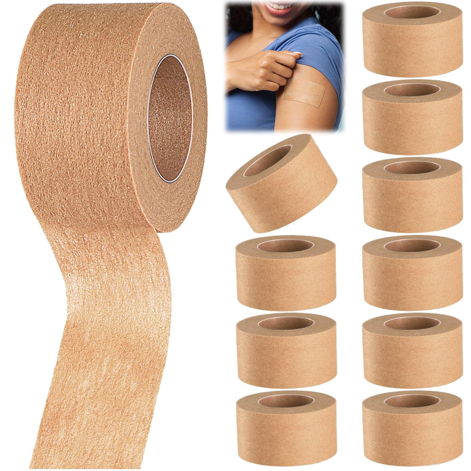 12 Rolls Micropore Tan Tape Skin Adhesive Non Woven Paper for Household Supplies (1 Inch x 10 Yards) -