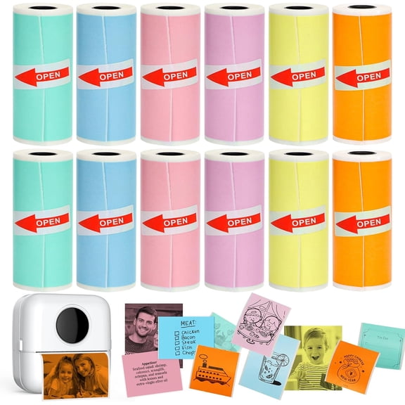 12 Rolls Mini Printer Sticker Paper,Thermal Self-adhesive paper 57 * 25mm,12 Rolls of Colour Paper for Pocket Inkless Portable  Printer to Print Photo,Note