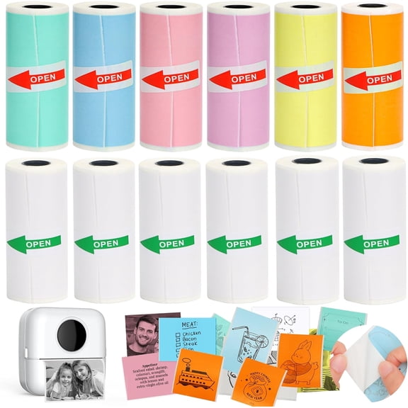 12 Rolls Mini Printer Sticker Paper,Thermal Self-adhesive paper 57 * 25mm,6 Rolls of White &6 Rolls of Colour Paper for Pocket Inkless Portable Bluetooth Printer to Print Photo,Note