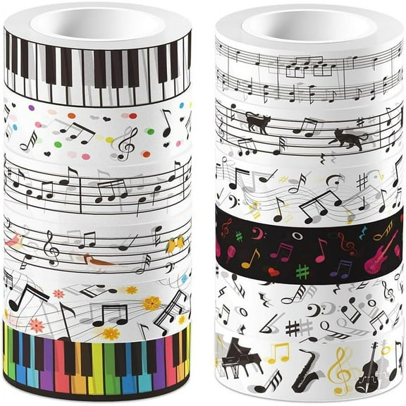 12 Rolls Music Note Tape Black White Guitar Piano Musical Notes Keys Rhythm Masking Tapes Keyboard Decorative Paper Sticker for Scrapbook Journal Birthday Party Gift Wrapping Crafts Mixed Color