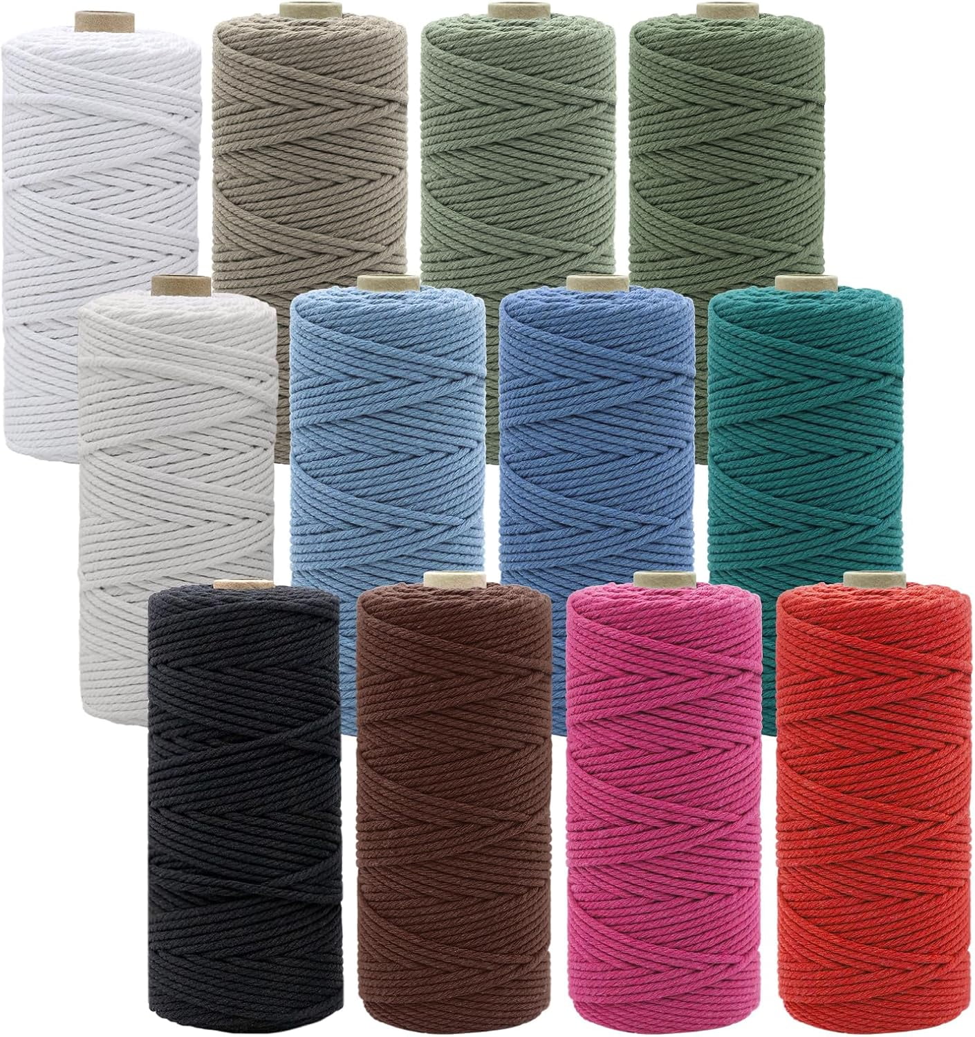 12 Rolls Natural Macrame Cord 3 mm x 1308 Yards,Natural Cotton Twine,Colored String,Cotton Rope for DIY Crafts Knitting,Plant Hangers,Decor (Classic Color Yards) Classic Yards -