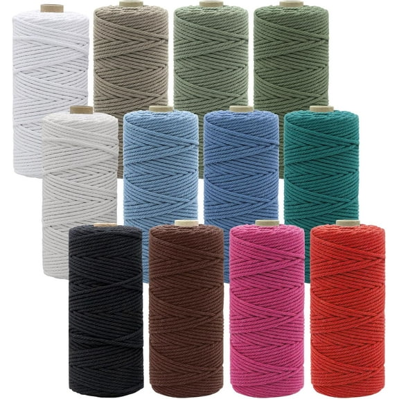 12 Rolls Natural Macrame Cord 3 mm x 1308 Yards,Natural Cotton Twine,Colored String,Cotton Rope for DIY Crafts Knitting,Plant Hangers,Decor (Classic Color Yards) Classic Yards -