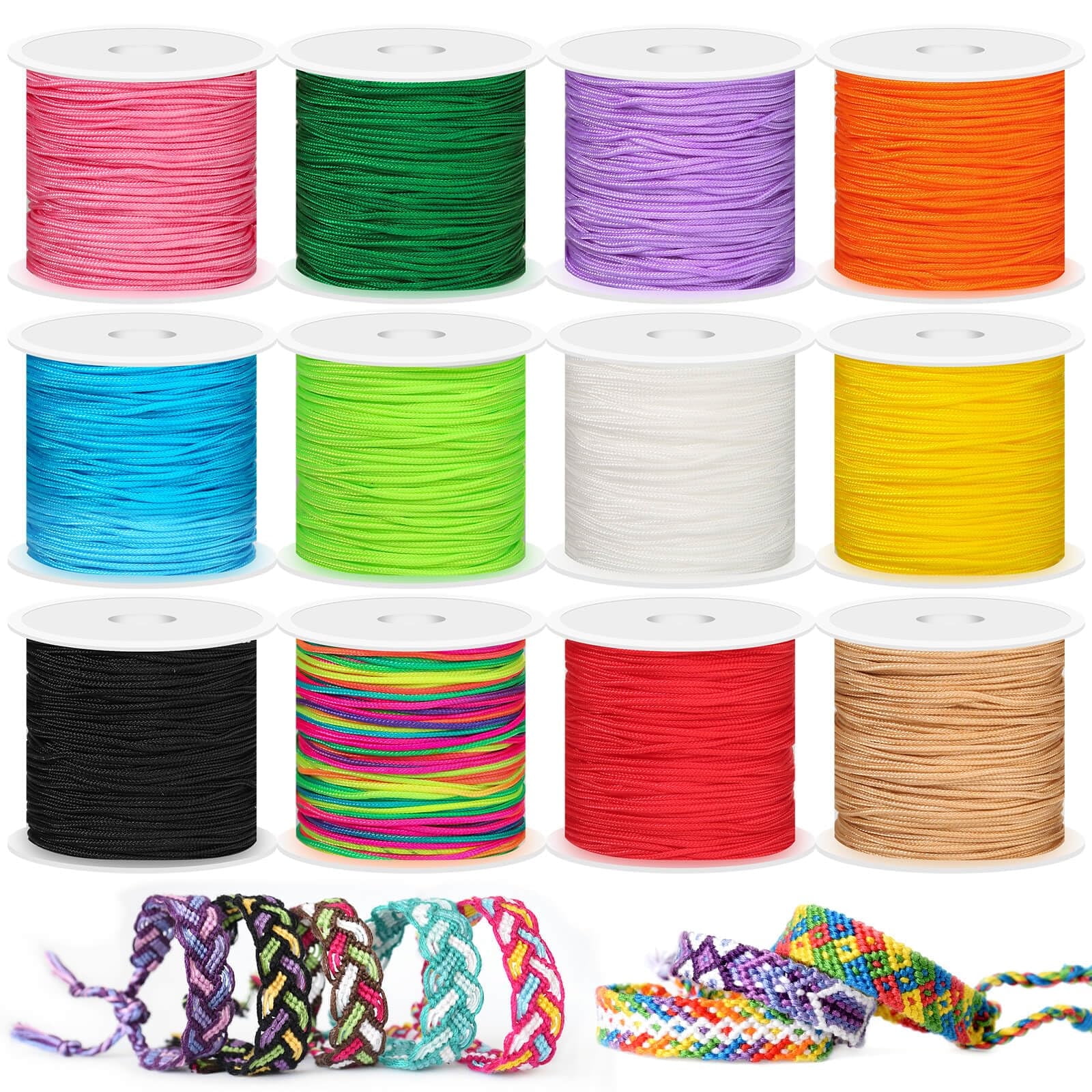 12 Rolls Nylon String for Bracelets, Chinese Knotting Nylon Cord for Jewelry Making, Nylon Beading Thread for Kumihimo, Braided Bracelets, Necklaces, Macrame Craft and Wind Chime (12 Assorted Colors)