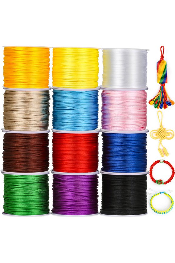 12 Rolls Rattail Silk Cord for Bracelets and Jewelry, Nylon Satin String for Kumihimo, Macrame, Pendants, Keychains, DIY Craft Projects, Multicolor