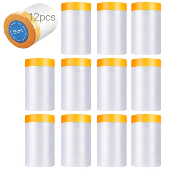 12 Rolls Tape and Drape, 21.7 in x 65.6 ft / 55 cm x 20 m Pre-Taped Masking Film with Painter's Tape, Auto Painting Covering, Plastic Dust Sheets for Furniture Protection, Painting, Renovation