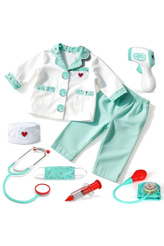 Doctor Costume for Kids Doctor Coat, Doctor Dress Up and Play Set 8 PCS with Real Stethoscope, Lab Coat Career Day Costume Kit for Toddlers Boys Girls 3-12 - Green