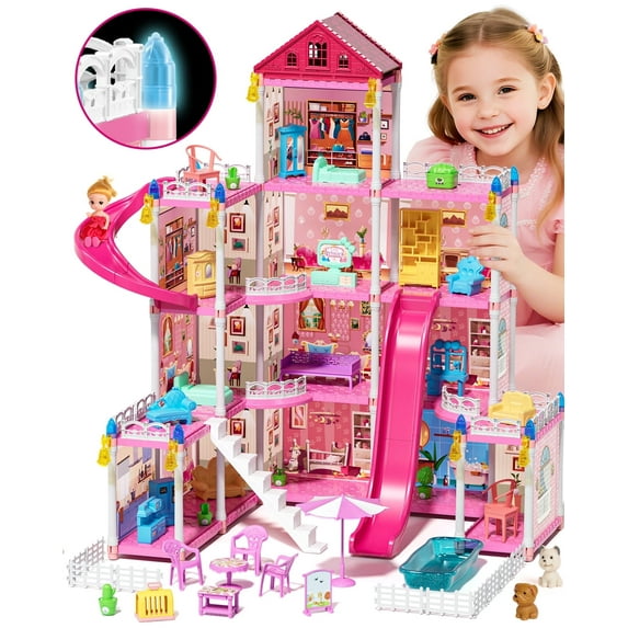 12 Room Doll House - Toys for 3 Year Old Girl Dream Dollhouse Playhouse with LED Lights Furniture and Accessories, Pretend Play kit Doll House for Princess Age 3 4 5 6 7