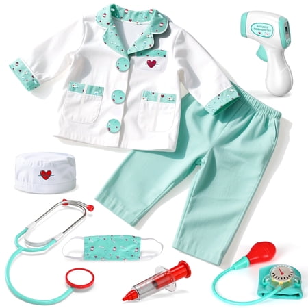 Doctor Costume for Kids Doctor Coat, Doctor Dress Up and Play Set 8 PCS with Real Stethoscope, Lab Coat Career Day Costume Kit for Toddlers Boys Girls 3-12 - Green