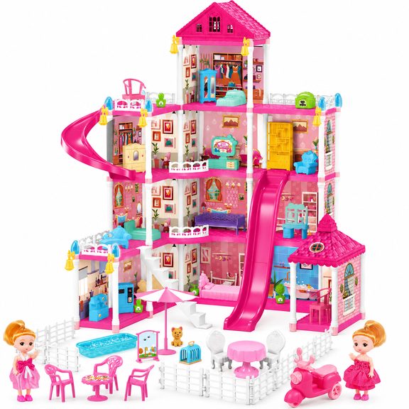 12 Rooms Pink Dollhouse for Girls Ages 3 , with Furniture, Accessories, Colorful Lights and Dolls Figures, Pretend Play Gift