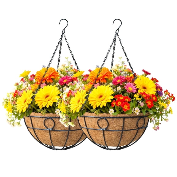 12" Round Metal Hanging Basket, Durable Large Hanging Planter, Black Metal Wire Round Plant Holder with Hanger Hook Chain Outdoor Patio Deck Balcony Garden Decor