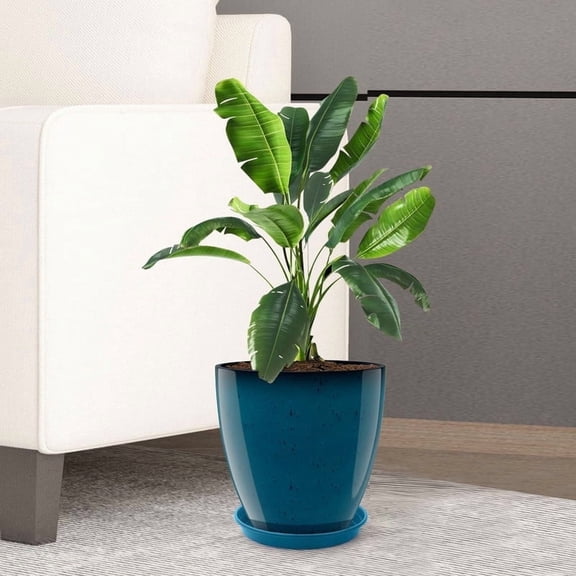 12" Round Planter Resin Vase for Indoor Outdoor Porch/Patio with Drainage Holes Modern Decor for Flowers, Interior Plants - Blue