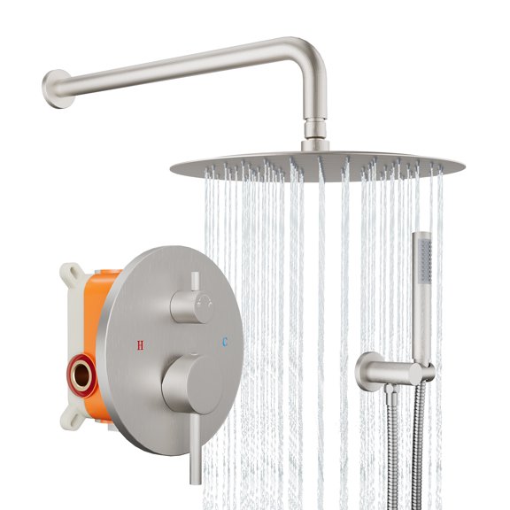 12 in Round Shower System, Brushed Nickel Rainfall Shower Faucet Set Complete with Handheld Shower, Pressure Balance Valve, Tub Spout, Shower Valve Trim Kit for Bathroom