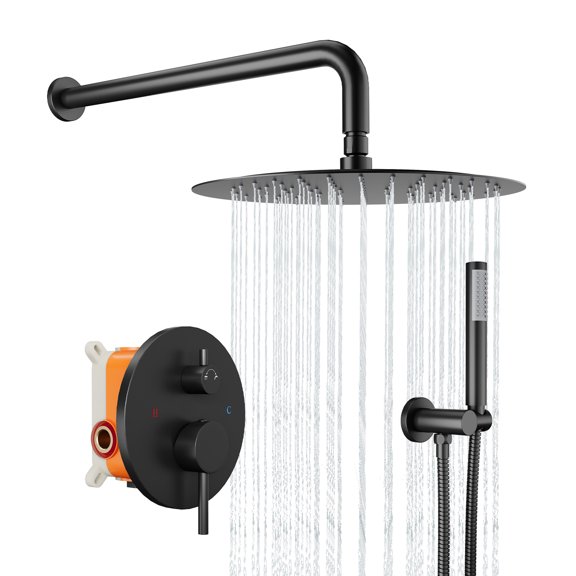 12 in Round Shower System, Matte Black Rainfall Shower Faucet Set Complete with Handheld Shower, Pressure Balance Valve, Tub Spout, Shower Valve Trim Kit for Bathroom