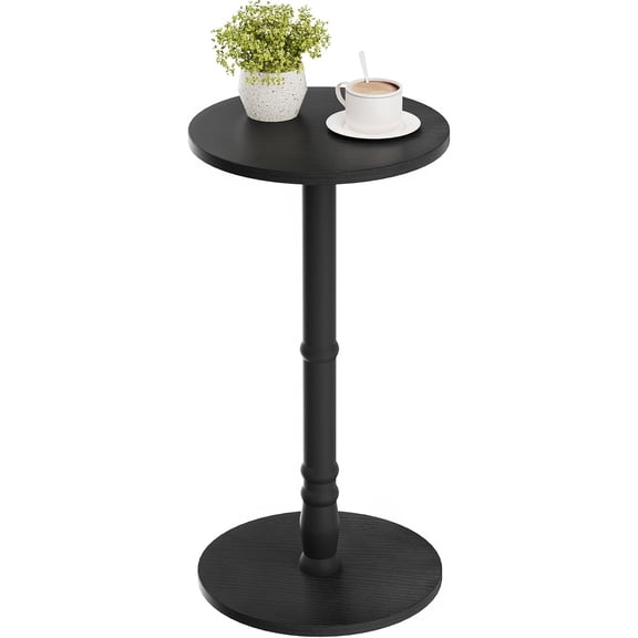 12" Round Side Table, Solid Wood Pillar with Wood Top & Base, Small Drink Accent Table for Living Room, Bedroom, Sofa & Office, Easy Assembly, Black