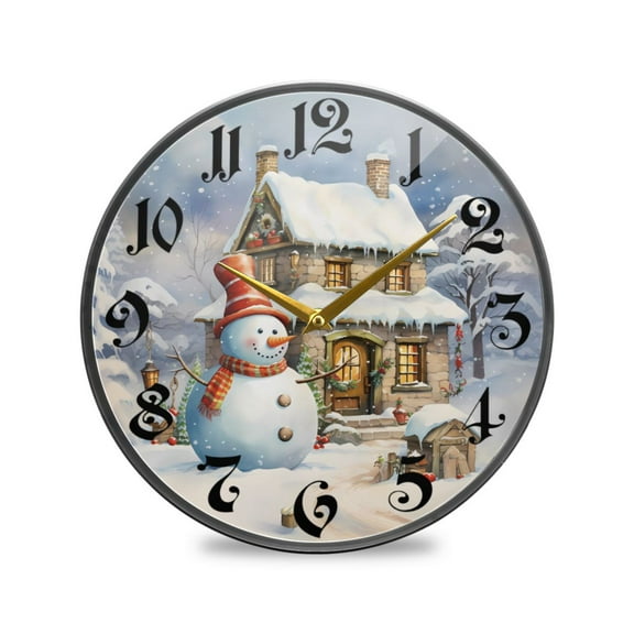 12" Round Silent Wall Clocks Christmas Snowman Acrylic Battery Operated Clock Non-Ticking Clocks Bedroom Living Room Home Decorative