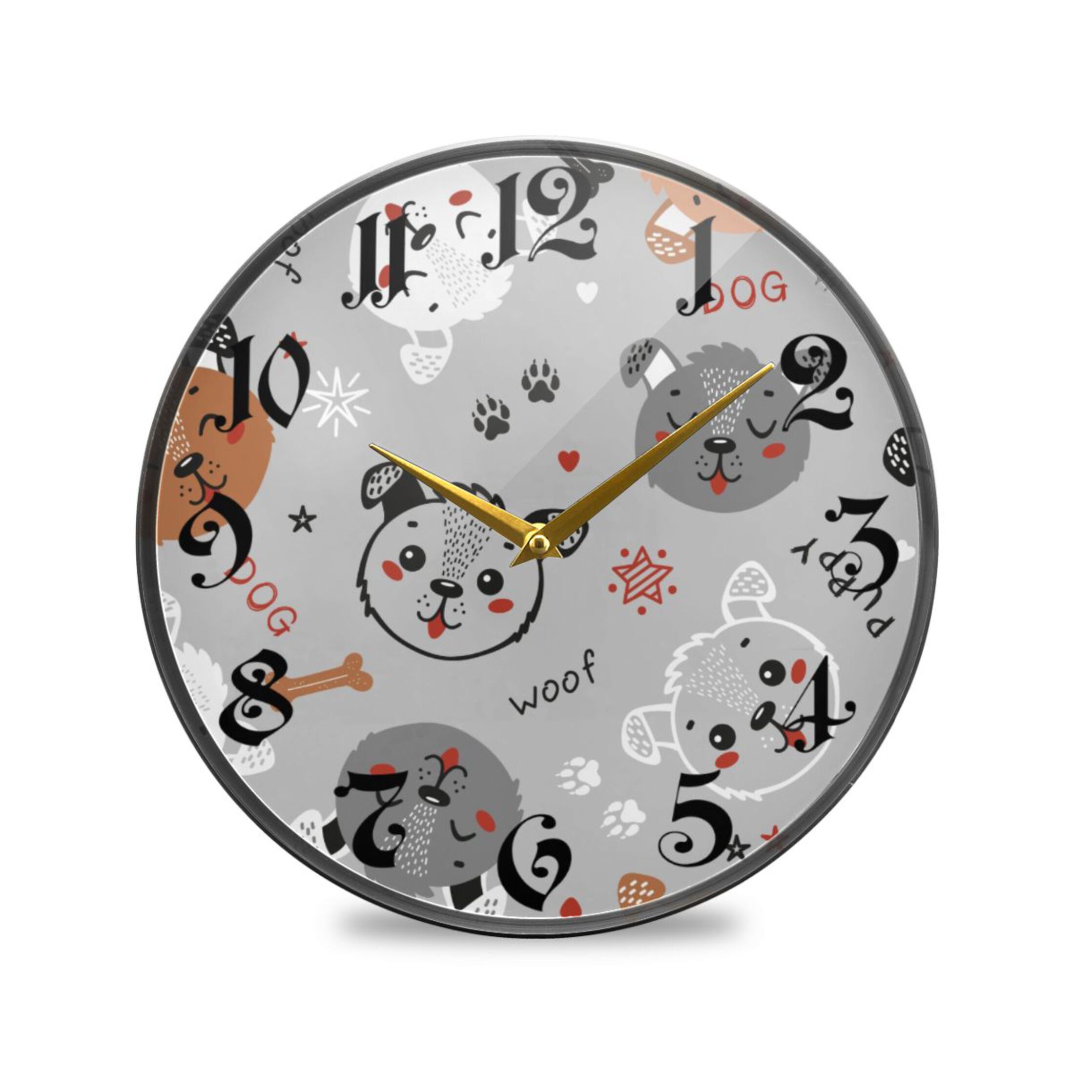 12" Round Silent Wall Clocks Cute Puppy Dogs Acrylic Battery Operated