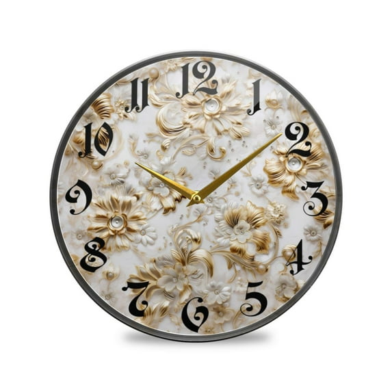 12" Round Silent Wall Clocks Golden Flowers Acrylic Battery Operated Clock Non-Ticking Clocks Bedroom Living Room Home Decorative